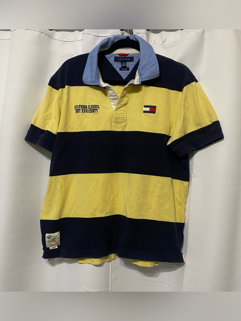 Y2K Tommy Hilfiger Navy Yellow Striped Rugby Polo Chambray Collar Mens XL Cotton